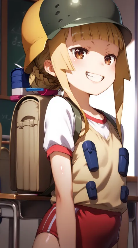 (UHD, retina, masterpiece, accurate, anatomically correct, super detail, high details,      highres, 1080P, 16k:1.3)、 (fukaziroh :1.3), blonde hair, brown eyes, braid, hair bun, single hair bun, helmet、(very flat chest:1.5)、(Shiny skin:1.3)、(Toothy grin:1....