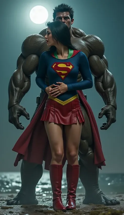 Supergirl is hug, kissing with indonesian, very bright sawo matang skin, rambut keriting , She is wearing a thin black pantyhose, short red leather fabric skirt, red knee height long boots, black hair, lighting green collar on her neck, She is screaming in...