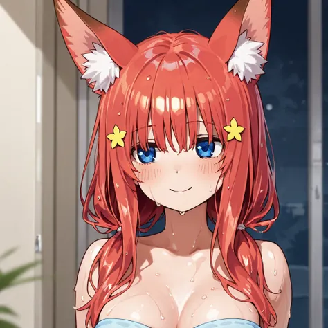  a girl, Alone,  long hair,  watching the spectator,  breasts, blush,  smile,  twin tails, wet hair, Itsuki Nakano, The Quintuplets,  foreground,   fox ears, 