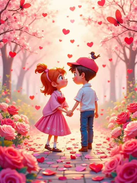 Translucent acrylic texture, Negative space creative handling. Miniature couple strolling on a path paved with rose petals, Girl's shawl becomes a cloud of pastel-colored butterflies, Boy's cap has a small bird singing sweetly. Floating champagne bubbles a...