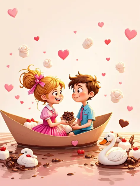 Delicate watercolor wash texture, Whimsical empty space design. Tiny couple sitting in a floating paper boat on a stream of chocolate, Girl's dress is adorned with edible pearls made of icing, Boy's shoes turn into little swans swimming beside. Floating ma...