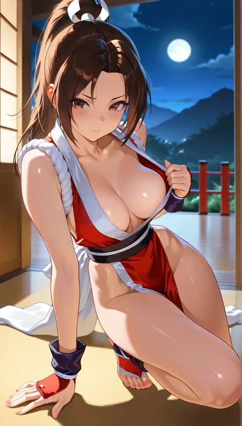     masterpiece   ,   rolled up ,     amazing quality ,     very aesthetic ,tease,  high resolution  ,  ultra-detailed, absurd, latest ,tease, 2 in 1 picture, picture in picture close up of her, Mai Shiranui Fatal Fury/King of Fighters series,
,  shiny eye...