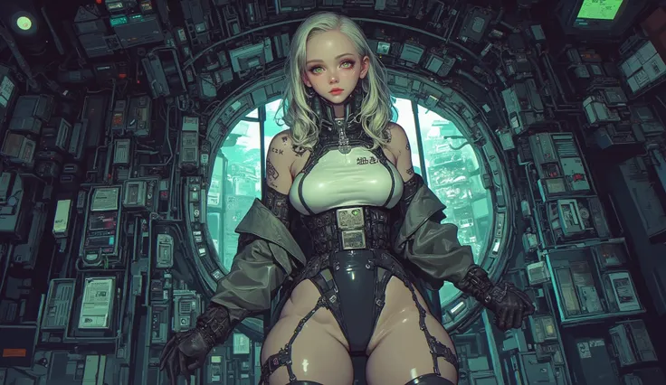  top quality　Ultra delicate　 Japanese Anime Anime　A cute girl alone　　Strong shadows 　 strong contrast 　Cyberpunk　 white skin　 green eyes　Big Breasts　 popup