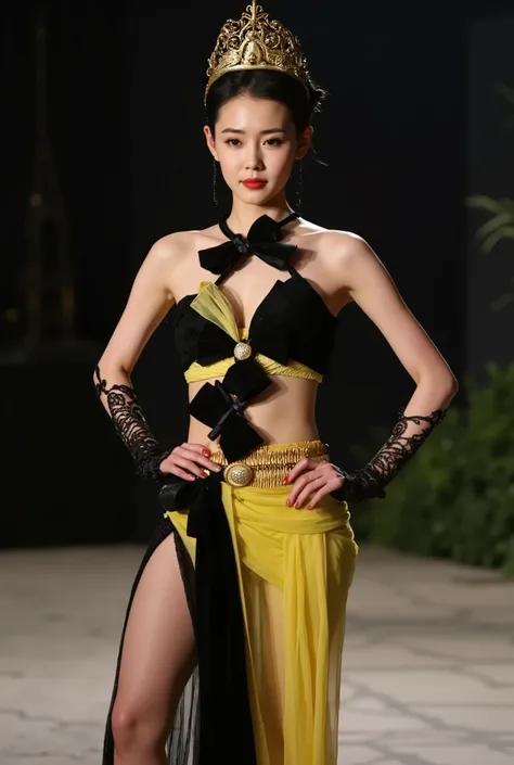 A professional, high-fashion photograph. A tall, youthful, and beautifully built Chinese woman with fair skin, radiating an alluring and captivating presence, poses elegantly at a high-end cocktail . She's dressed in a stunning black and yellow ensemble, l...