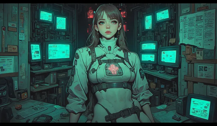  top quality　Ultra delicate　 Japanese Anime Anime　A cute girl alone　　Strong shadows 　 strong contrast 　Cyberpunk　 white skin　 green eyes　Big Breasts　 popup