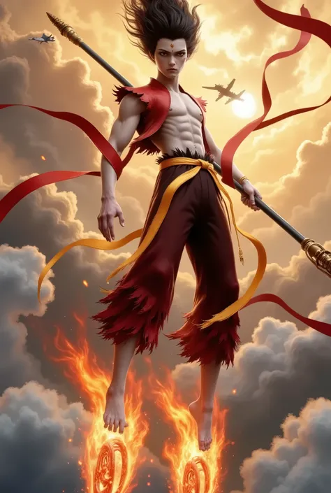 ultra realistic, ultra realistic, K,soldier,warrior,mecha hand, An 18-year-old handsome Nezha soaring, wearing a powerful mech shoulders, holding a flaming spear, with (two burning wheel-shaped mech flying devices below his feet). The scene is set in the c...