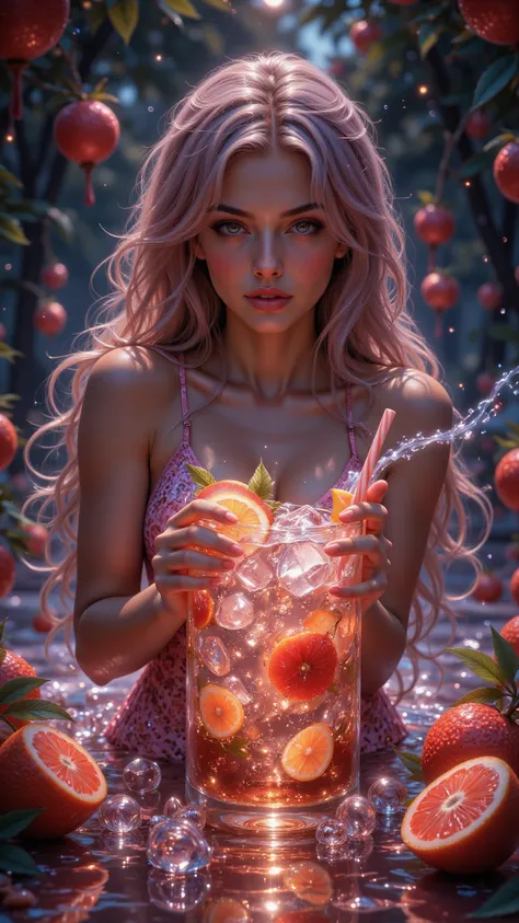 18 year old girl soaking in a glass of soda，Ice cubes，Bubbles，fruit，summer，Refreshing， watercolor style，pop art， Movie light ，CG Rendering， Volumetric Light ， phantom engine ， Ultra HD quality 