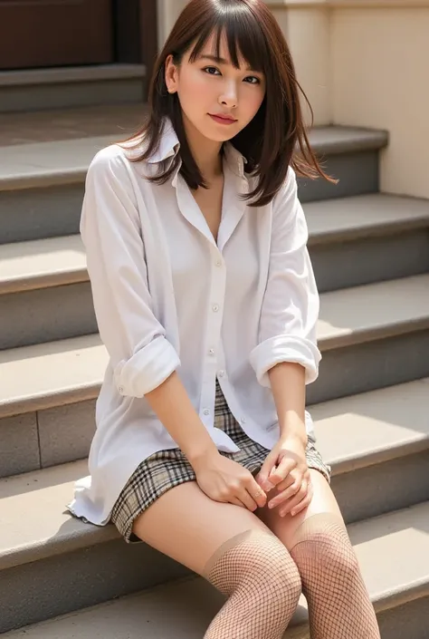  wet white plain shirt  、前が  open shirt showing hands 、  The shirt is fully open 、 unbuttoned and the front of the shirt   、  open shirt showing hands、  very short pleated skirt 、 Burberry plaid pleated skirt、黒の  low riseパンティー、 fishnet tights that reach ab...