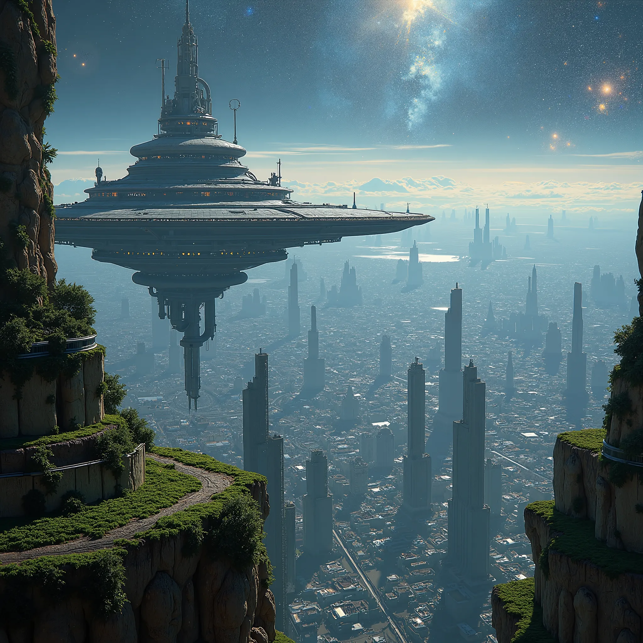 huge space station with big city and garden  view far from outside space, beautiful stars aura