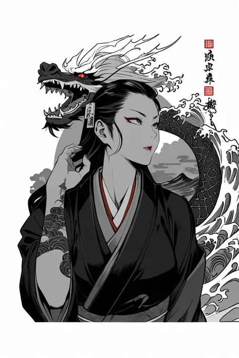 ukiyo-e,      Super Complex High Definition     ,       Is Approaching {x} Beautiful Traditional Japanese Culture,    dragon  、goddess、  mystical  、 Look, Japanese tattoo 、Shrines in Kyoto、Violent Current Waves、 at dusk 、red、