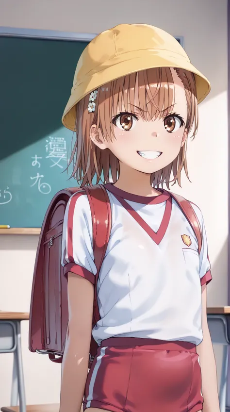 (UHD, retina, masterpiece, accurate, anatomically correct, super detail, high details,      highres, 1080P, 16k:1.3)、 (misaka mikoto:1.3)、 short hair, brown hair、(very flat chest:1.5)、(Shiny skin:1.3)、(Toothy grin:1.3)、(school、Classroom:1.3)、(randoseru,gym...