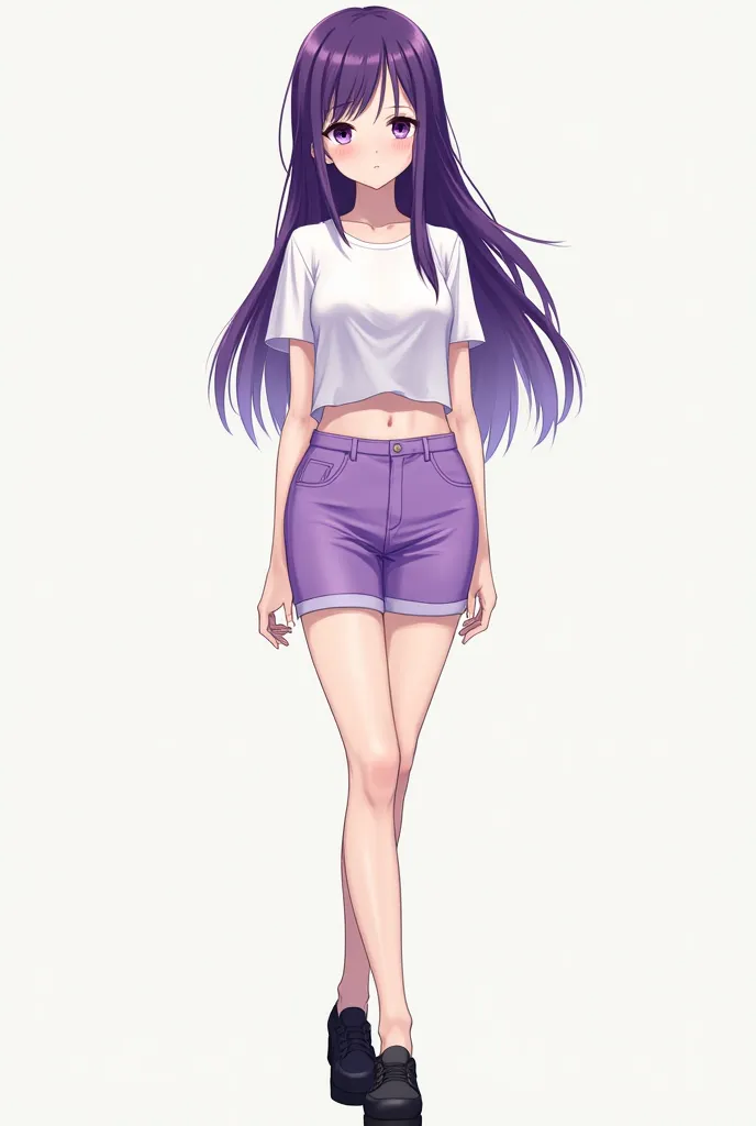  anime female character ,  long purple hair ,  purple eyes,  FULL BODY,  standing ,  bare legs ,  white t-shirt,  Purple Shorts , Black platform shoes