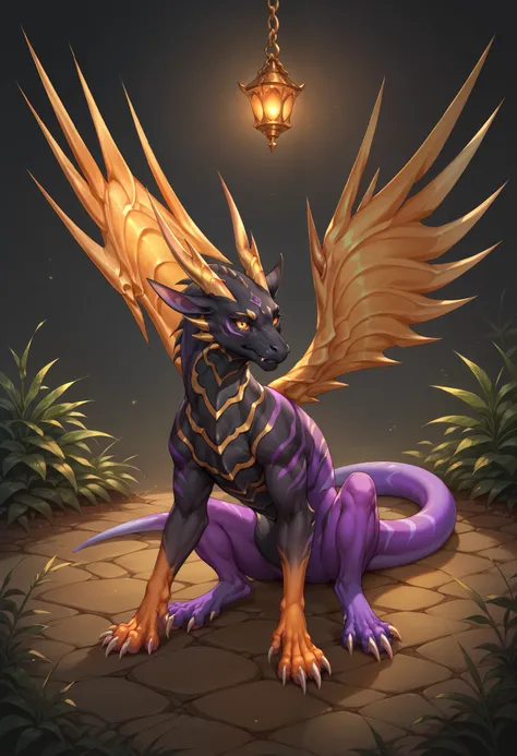 score_9, score_8_up, score_7_up,solo, Eothos, dragon,((feral)), golden mark on forehead, front half of body black with golden stripes, black muzzle, black long black ears, long straight golden horns, golden glowing eyes without pupils, two purple stripes u...