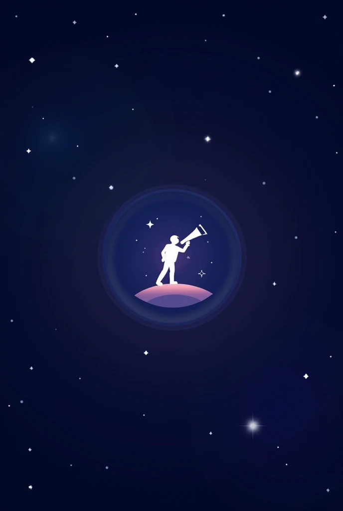 Background:
A deep, starry cosmos featuring a gradient from midnight blue to deep purple. Subtle nebulous swirls and scattered, twinkling stars add depth and mystery.

Central Icon:
A minimalist, stylized silhouette of an explorer (or a symbolic telescope)...