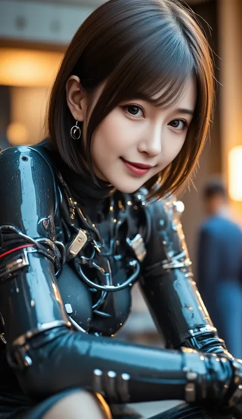 12K、hdr、 bit depth 10bit with old clothes、 Woman turned into a cyborg, with a smile、 ( blue metallic mechanical frame:1.5), ( Power cables are connected to the entire body),There is an electric wire that extends from the body, Mechanical fusion,   mechanic...