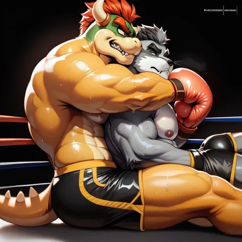 Duo anthro male(anthro furry Gray Wolf vs Orange Bowser), handsomes(handsome hairstyles, Thick eyebrows, detailed face), gay(Sitting down, Cuddling embraced from behind, choke hold, side view, painful expression, on a boxing ring, black background), hot(Sh...