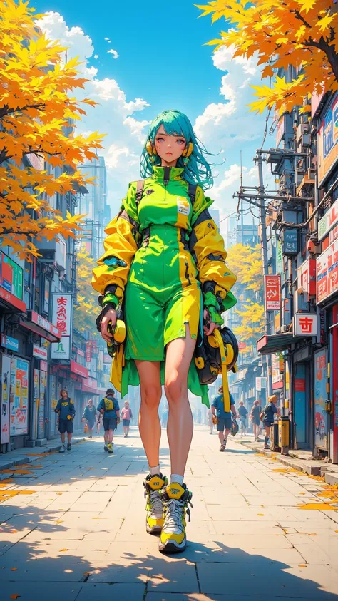 Japanese blue girl，high school，Wearing jogging shoes，Dress with vanguard ，Yellow and green，With headphones，autumn and afternoon sidewalk background，