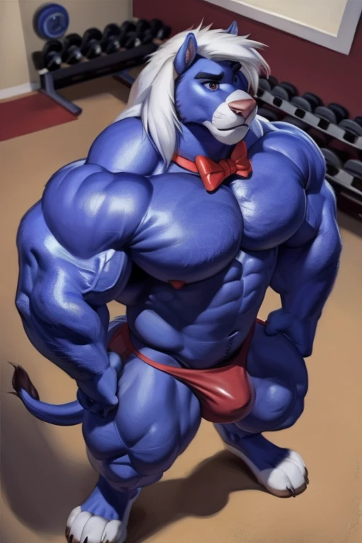 (by Meesh:1), (by darkgem:0.8), (by chunie:1), masterpiece, looking at viewer, detailed fur, (detailed pixar eyes:1.2), detailed eyes, male, lion anthro, (Cornelius), (White Hair, Fabio hair, White Tail) (Muscular), (Red Bow Tie), (Pink Nose), (((Massive M...