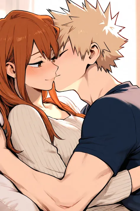 bakugo katsuki, girl with long auburn hair, couple, cute, romantic, lazy, domestic