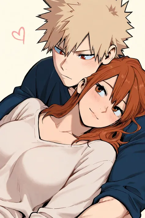 bakugo katsuki, girl with long auburn hair, couple, cute, romantic, lazy, domestic