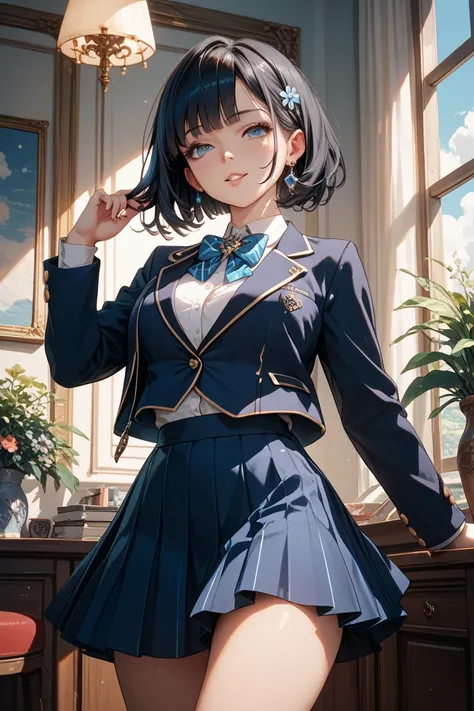  beautiful girl　 shortcuts　 black hair　 blazer uniform　Blue　 I'm rolling up my skirt 