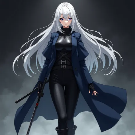 Anime woman, white hair, wearing a long navy blue overcoat, black leather armour, a pair of black dress pants, black boots, fingerless gloves, katana on hip