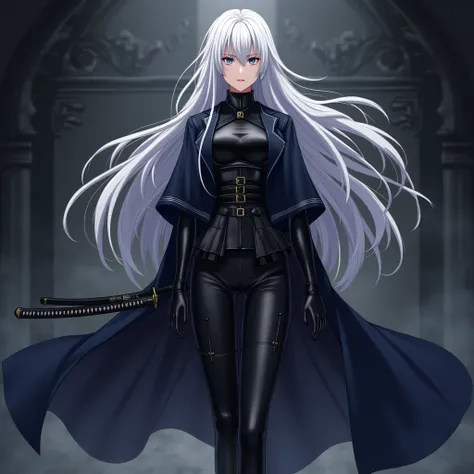 Anime woman, white hair, wearing a long navy blue overcoat, black leather armour, a pair of black dress pants, black boots, fingerless gloves, katana on hip