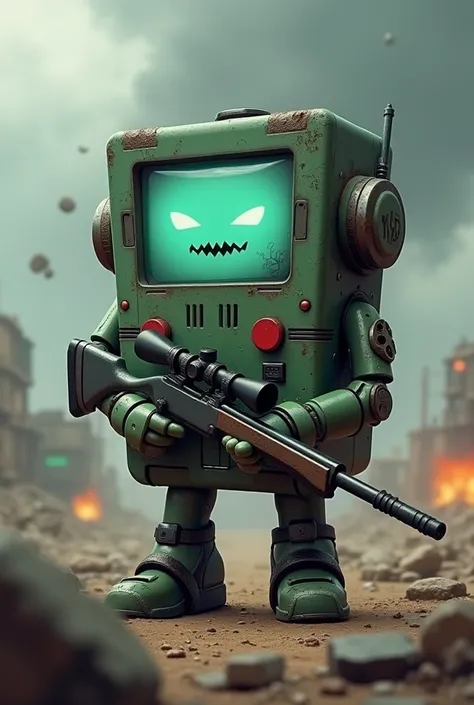 Generate the BMO for Adventure Time 
Put on him a military suit and a sniper rifle 
Put in serious and damaged mode
