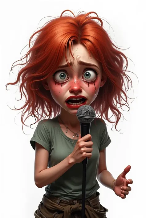 "A  with a shabby appearance, her red hair unkempt, wearing tattered clothes. She looks frightened and is crying while holding a microphone, with fair skin. Her features are not conventionally beautiful, with a worn, distressed look. The photo is in a cari...