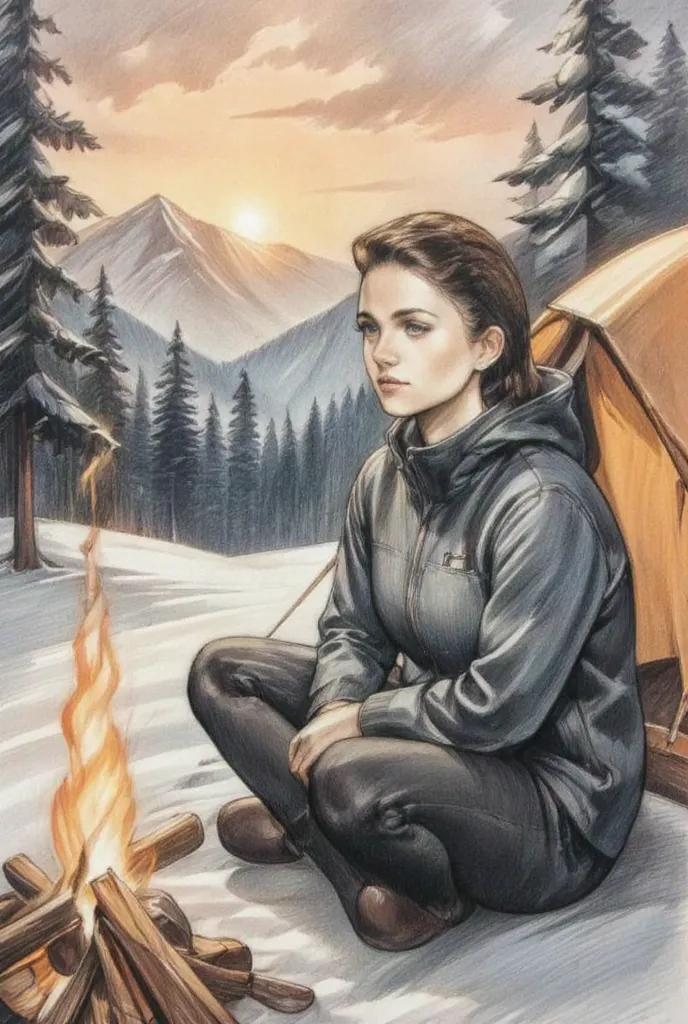 a beautiful young woman camping in the woods, She is wearing a fleece jacket and wool hat, She's sitting outside her tent, Small bonfire, Winter Season, relaxed vibe, Scenery sunset, colored pencil style, pencil drawing, sketch, 