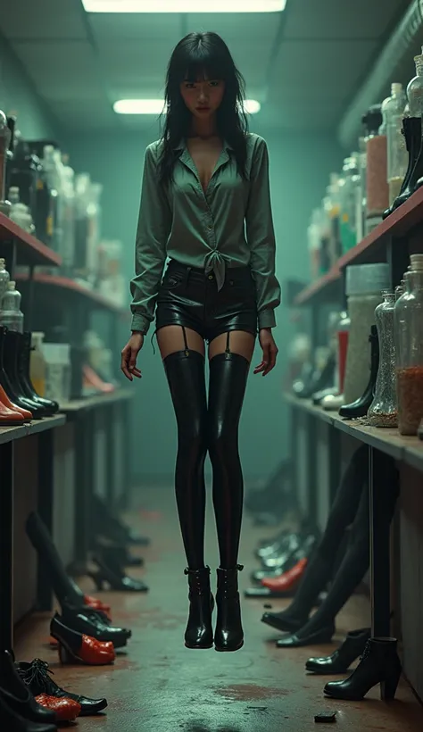 45° viewing angle， A 14-year-old Chinese girl, stylish, short, cute, beautiful expression, pain ，My body floated straight in the air ， in bright black latex tights ， latex high-heeled boots size 34 ，Hands tied together and hung on a lab shelf, feet off the...