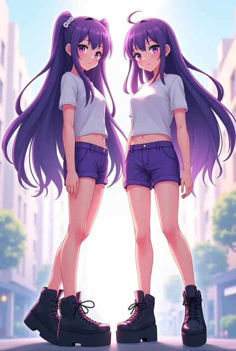  anime female character ,  2 girls,  long purple hair ,  purple eyes,  FULL BODY,  standing ,  bare legs ,  white t-shirt,  Purple Shorts , Black platform shoes