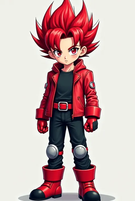 a young boy , WHITE LEATHER FUND,average height,Red hair shaped like Super Saiyan hair, red eyes,red knee-length leather jacket with black t-shirt underneath,belt with red buckle ,tight black pants,metal knee pads,red boots with a black toe, Serious Look T...