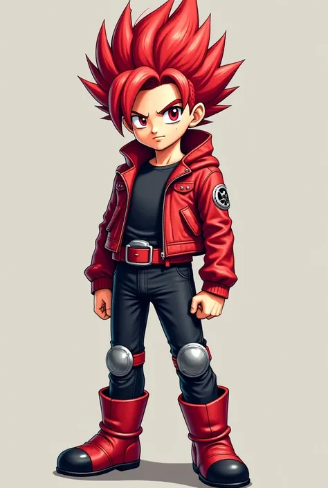 a young boy , WHITE LEATHER FUND,average height,Red hair shaped like Super Saiyan hair, red eyes,red knee-length leather jacket with black t-shirt underneath,belt with red buckle ,tight black pants,metal knee pads,red boots with a black toe, Serious Look T...