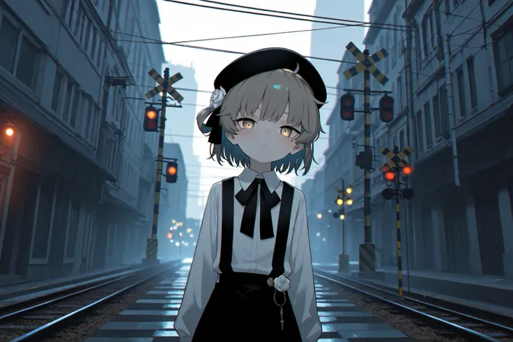 1girl\(hatoba tsugu,HatobaTsugu, hat, 1mole under eye, beret, 1white flower ornament, bangs, black ribbon-tie, short hair,\),(multicolor glitch,glitch,neon:0.5), overly detailed pupils, glowing, chromatic aberration, railroad crossing, streetlight, (alice ...