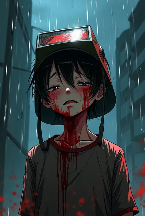 Anime drawing of a boy's clothing and welding helmet ,  whose head bleeds and runs down his face, under the rain?