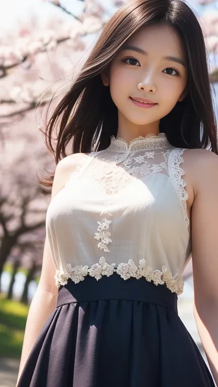 (8k,  RAW Photo,  photorealistic, HQ,  masterpiece),  cute Japanese woman, (Shining Eyes), (from below:1.2), 
( have smiling faces),  brown hair, ( violet color dress ,  sleeveless long dress ,  elegant lace silk fabric dress:1.2),  big breasts, (In the va...