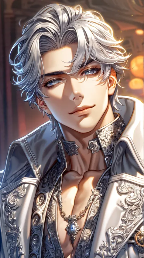 absurdres, highres, ultra detailed, HDR, master 
, best quality, delicated features, silver hair,soft smile ,silver eyes, solo, sexy man, handsome ,fantasy, half-body, white trench coat , cool 