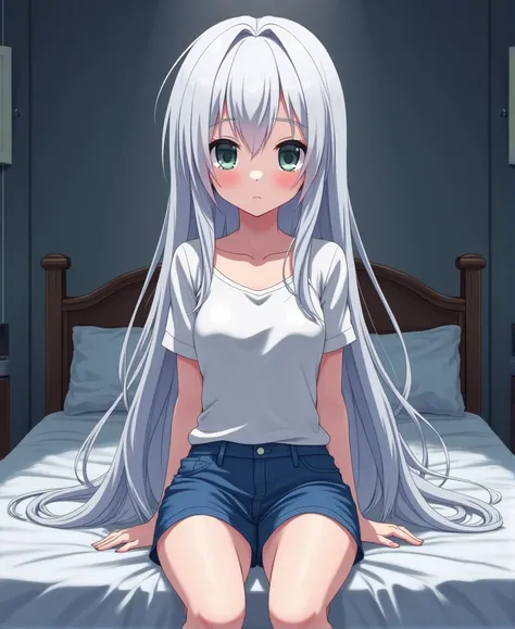 Anime girl white hair long black eyes with skinny blue miniskirt without so much bust medium thighs sitting on the edge of the bed open legs ,white pants,  from the front 