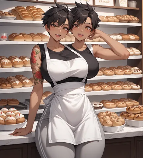 a tomboy,  with brown skin,  floral tattoos on her right arm and shoulder,  short black hair clothing,  brown eyes,  small waist,  Very Big Breasts,  very big thighs,  wears a black sleeveless t-shirt , gray sweatpants, a white apron ,  is behind a counter...