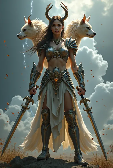 Now a female Gemini warrior , with their guardian spirits , an image with power and epic ,  Realistic 