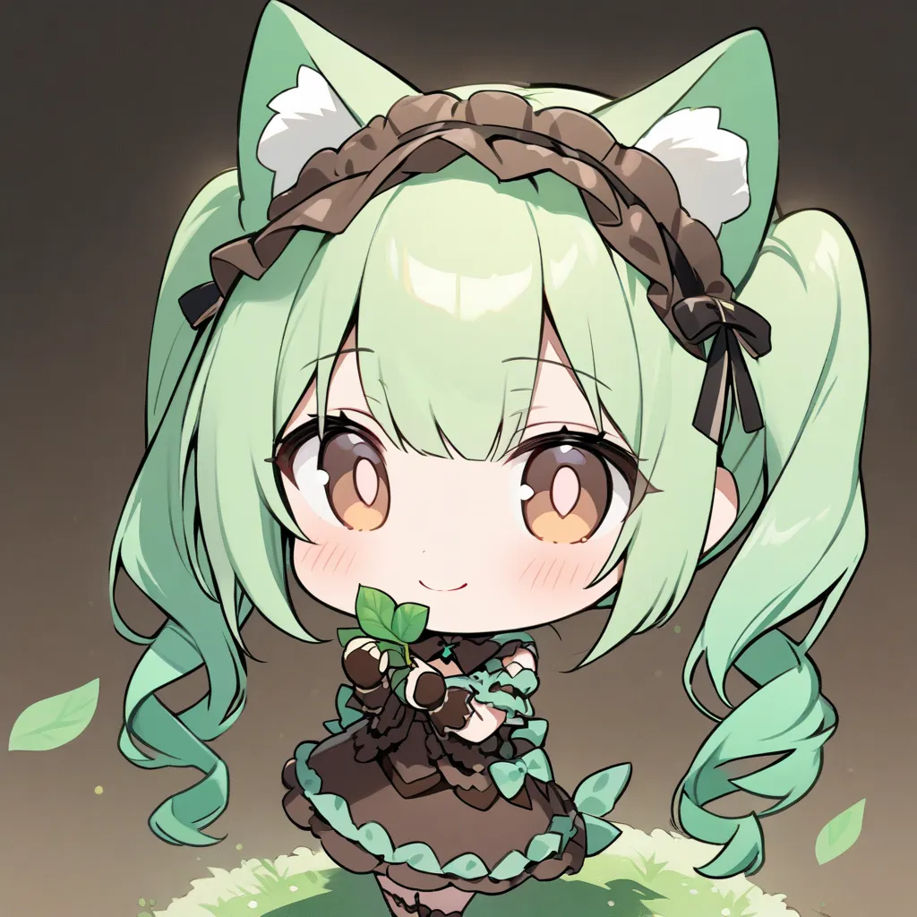 Top quality, masterpiece,chibi character, 1Girl in Sweet Lolita Brown Chocolate Dress, Alone, twin tails, brown and mint green tone hair, animal ears, brown eyes,
cute pose,  holding chocolate in hand,mint leaves,smile