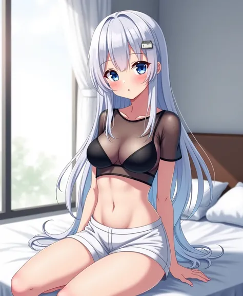 Anime girl white hair long black eyes with blue miniskirt transparent t-shirt with skinny black bra without so much bust medium thighs sitting on the edge of the bed with open legs ,white pants,  from the front 