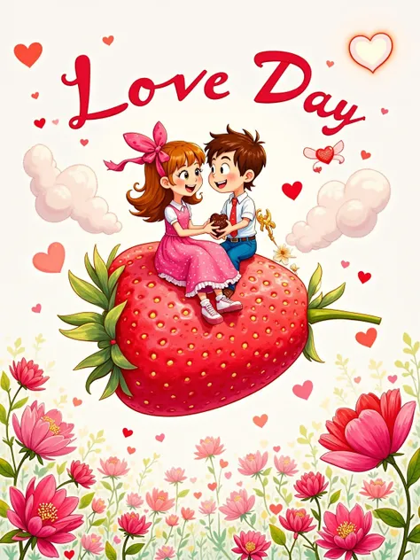 Transparent watercolor texture, Clever negative space shaping. Q version couple riding on a giant, flying strawberry, the girl's bonnet is fluttering in the wind, turning into a soft cloud, while the boy's belt buckle transforms into a shiny star. In the b...