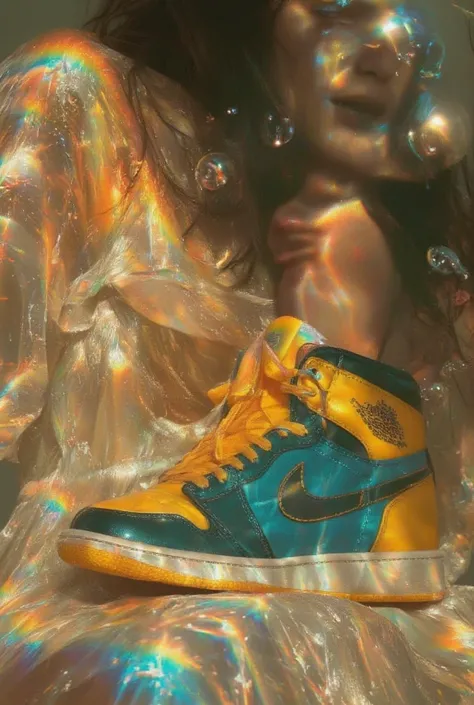 A pair of vibrant green and yellow Air Jordan 1 high-top sneakers, positioned slightly off-center towards the lower-middle portion of the image. The sneakers are placed in a stylized floral and botanical environment. The shoes are detailed with a pale yell...