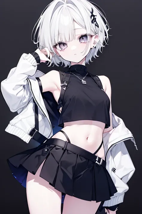  cool girl with short hair、Long, sharp eyes、 lots of piercings、 sleeveless、 shoulder out、 monotone outfit 、 miniskirt、 belly button out、 white hair、