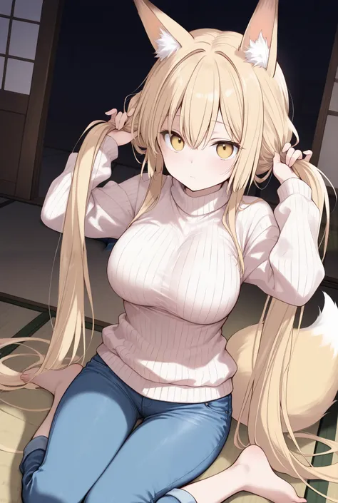 score_9, score_8_up, score_7_up, ((dim, deep shadows, tatami)), dutch angle, (solo, 1girl, blonde hair, yellow eyes,very long twintails, bunching hair, fox ears, fox tail), large breasts, petite, (Sweater, jeans fabric shorts), wariza, hands up, (((pupil))...