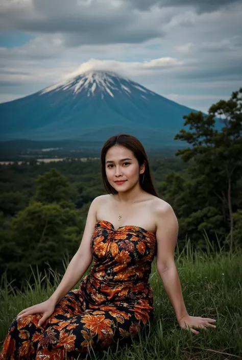 (masterpiece, best quality:1.2), 1girl, solo, a milf chubby, batik sarong, ((large breasts:2)), hagging breast, Photo of Pretty Indonesian woman, ponytail, wearing towel on head, sitting at the pine forest, night day with snowy tropical mountain as the bac...