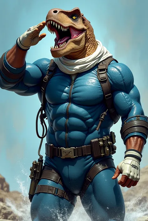 (A rugged beefy extremely muscular bulky snarling tyrannosaurus man), (wearing blue fully-zipped fullbody wetsuit), saluting, wearing bulky harness, wearing bulky scuba gear, wearing white hero scarf, muscular physique, toned muscles, fierce, heroic, actio...