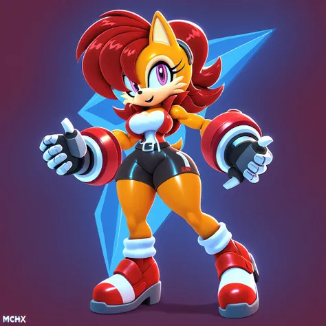  (post super genesis wave) Sally Acorn from Sonic, and wearing black shorts and has a muscular sleek build and with thick thighs in garnet 1960s Mecha Anime art style
